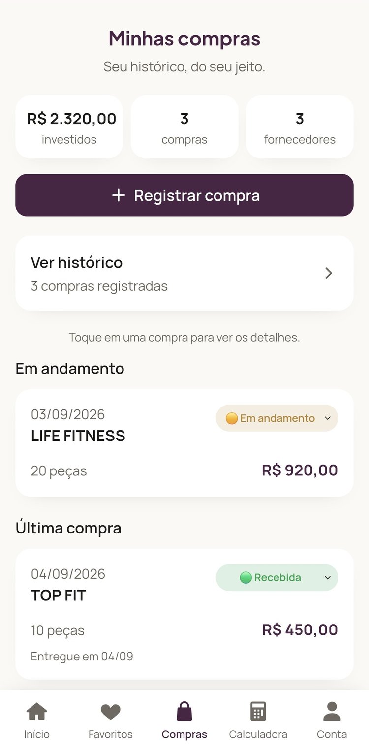 Tela de Minhas compras do app, mostrando total investido, número de compras e fornecedores diferentes, além do status de cada compra (em andamento ou recebida).